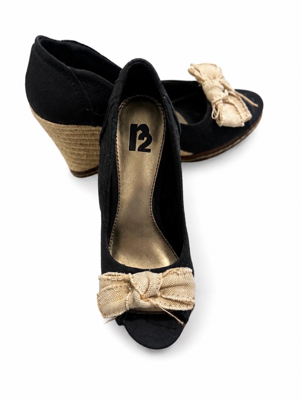 R2 Black Canvas Wedges with Natural Bow Accent